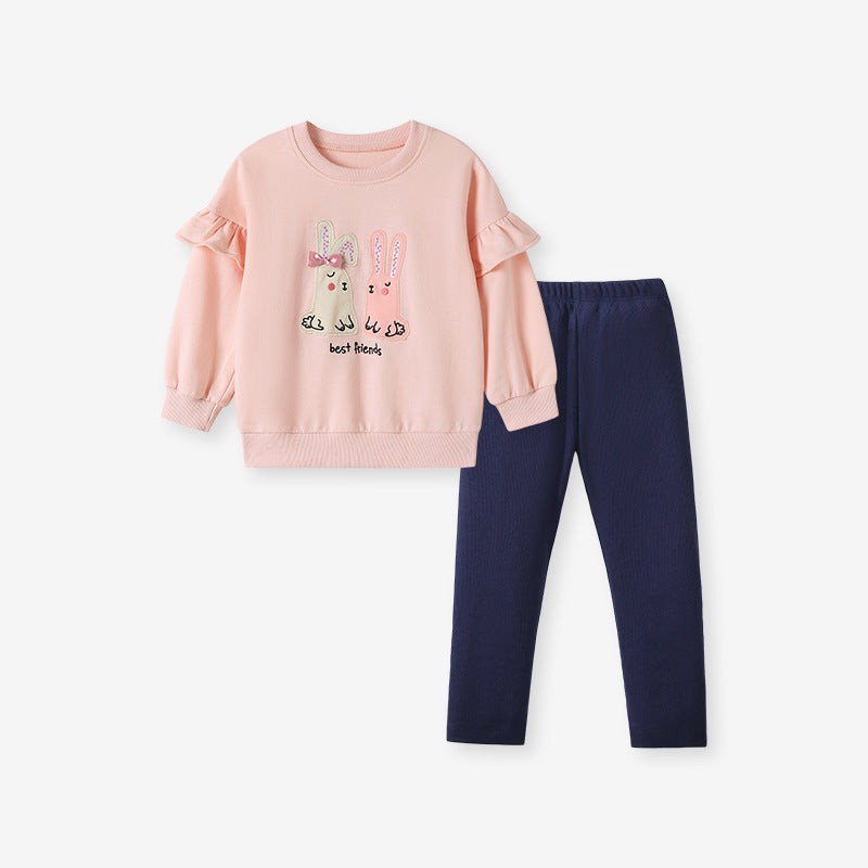 Spring and Autumn Girls Rabbits Cartoon Pattern Long Sleeves Sweatshirt and Plain Pants Clothing Set, MyKids-USA®, Baby & Toddler Outfits, MyKids-USA - Size/Age - 90 (12-24M) - Color - Pink -  -  - TR2507222143-A