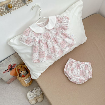 Summer Girls Flowers and Dots Pattern Short Sleeves Onesies and Clothing Set – Princess Sister Matching Set, MyKids-USA®, Baby & Children's Outfits, MyKids-USA - Size/Age - 66 (3-6M) - Color - Pink -  -  - TR2604172335-B.