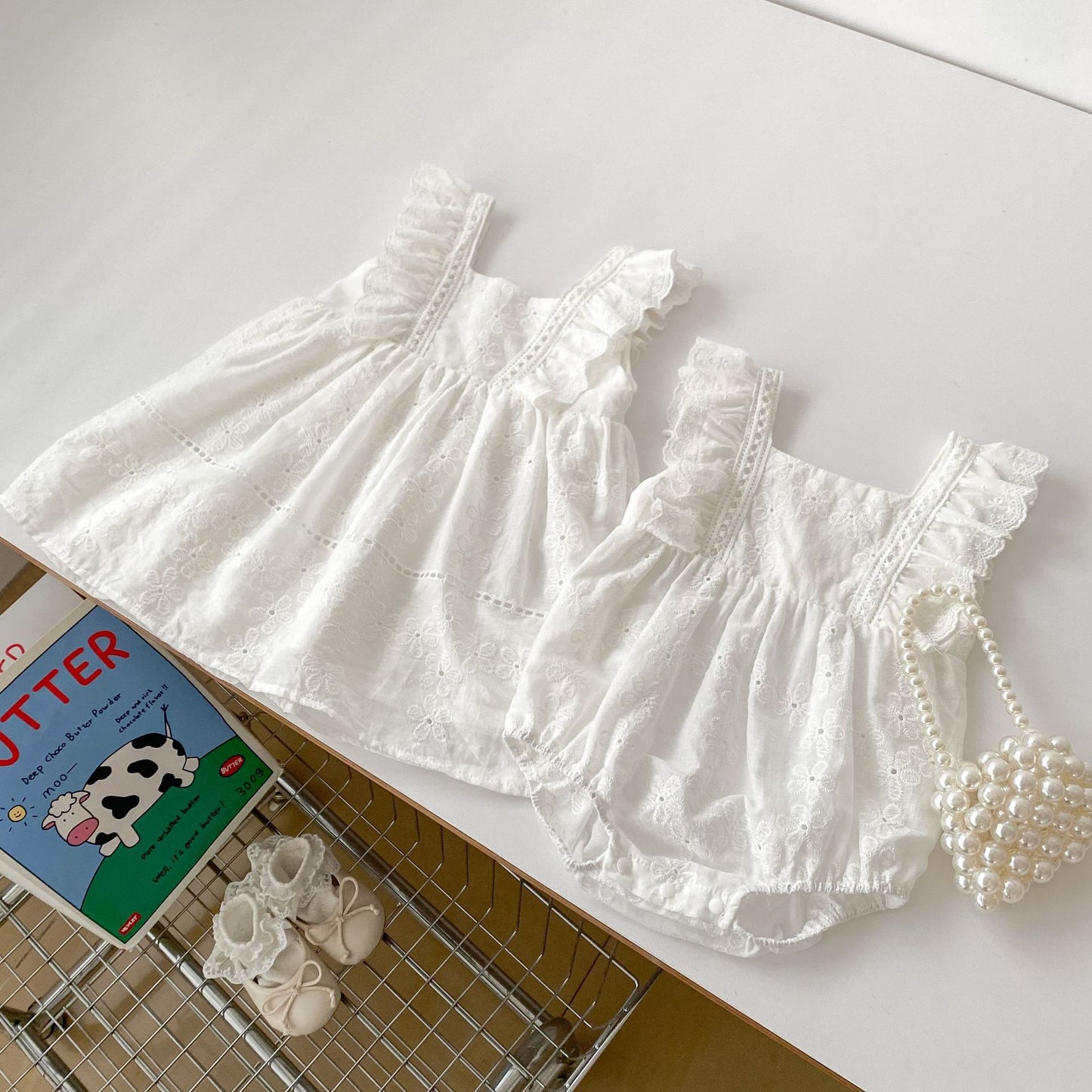 Summer Girls Solid Color Floral Embroidery Square Neck Onesies And Girls’ Dress – Princess Sister Matching, MyKids-USA®, Baby & Toddler Outfits, MyKids-USA -  -  -  -  -  -  - 