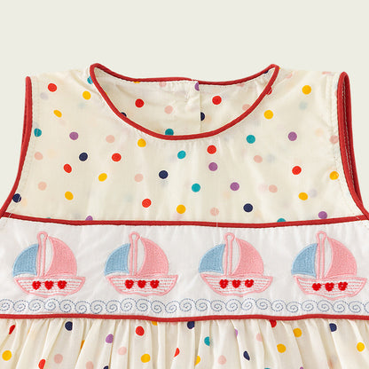 New Design Summer Kids Girls Cute Colorful Dots Sailing Boats Embroidered Sleeveless Dress