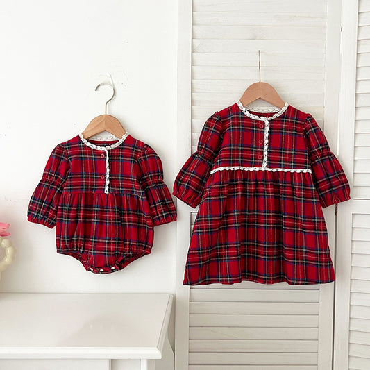 Arrival Autumn Vintage English Plaid Baby Kids Girls Ruffle Neck Onesies and Dress – Princess Sister Matching Set, MyKids-USA®, Baby & Toddler Outfits, MyKids-USA -  -  -  -  -  -  - 