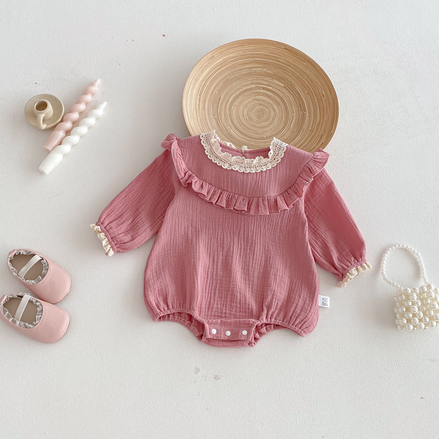 Spring Arrival Baby Girls Long Sleeves Pink Lace Trim Bodysuit