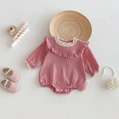 Spring Arrival Baby Girls Long Sleeves Pink Lace Trim Bodysuit