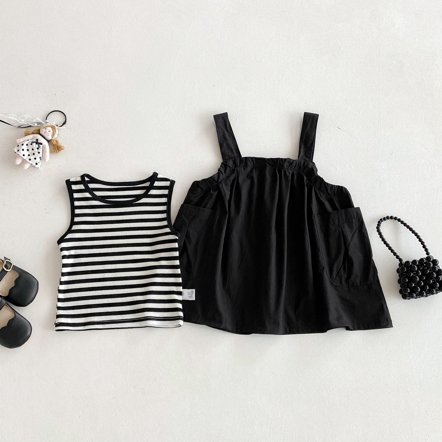 Arrival Summer Baby Girls Sleeveless Striped Vest and Black Dress Clothing Set