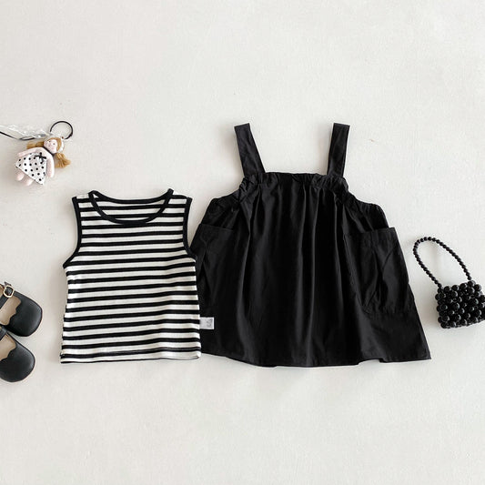 Arrival Summer Baby Girls Sleeveless Striped Vest and Black Dress Clothing Set