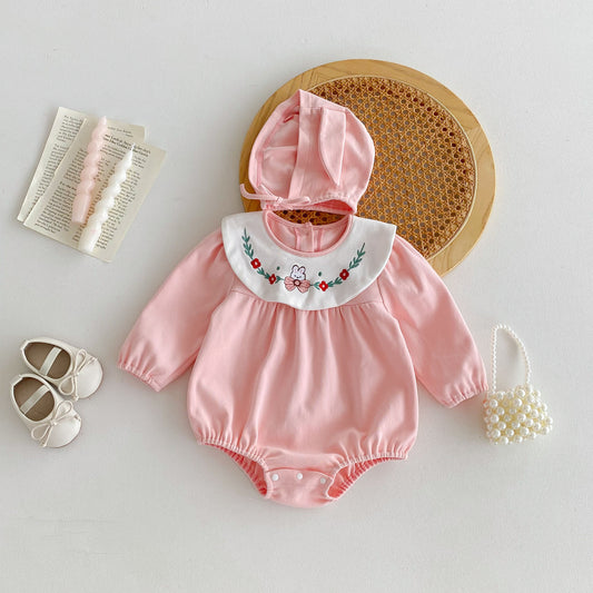 Autumn Arrival Baby Girls Long Sleeves Rabbit Embroidery Collar Pink Onesies, MyKids-USA®, Baby One-Pieces, MyKids-USA - Size/Age - 66 (3-6M) - Color - Pink -  -  - TR2409300857-A