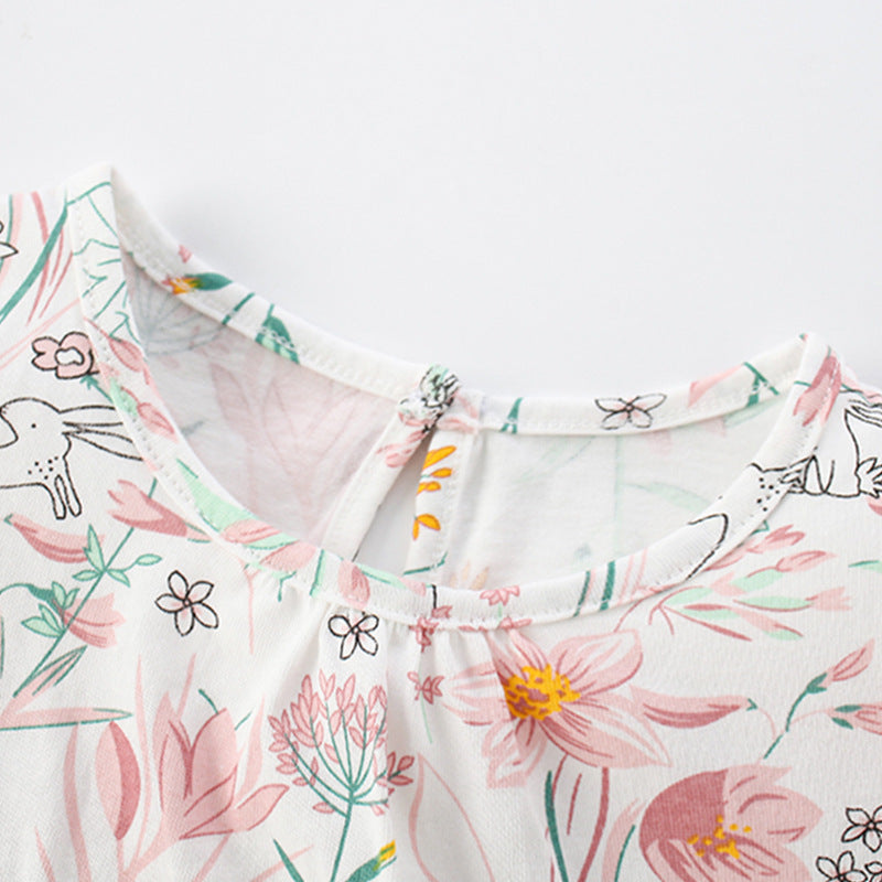 Baby Girl Floral Pattern Crewneck Short Sleeve T-Shirt