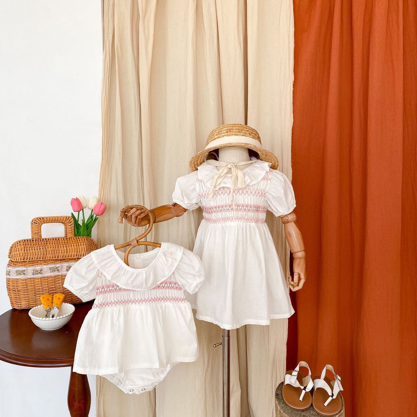 Summer Girls Ruffle Collar Onesies And Girls’ Dress – Princess Sister Matching Set