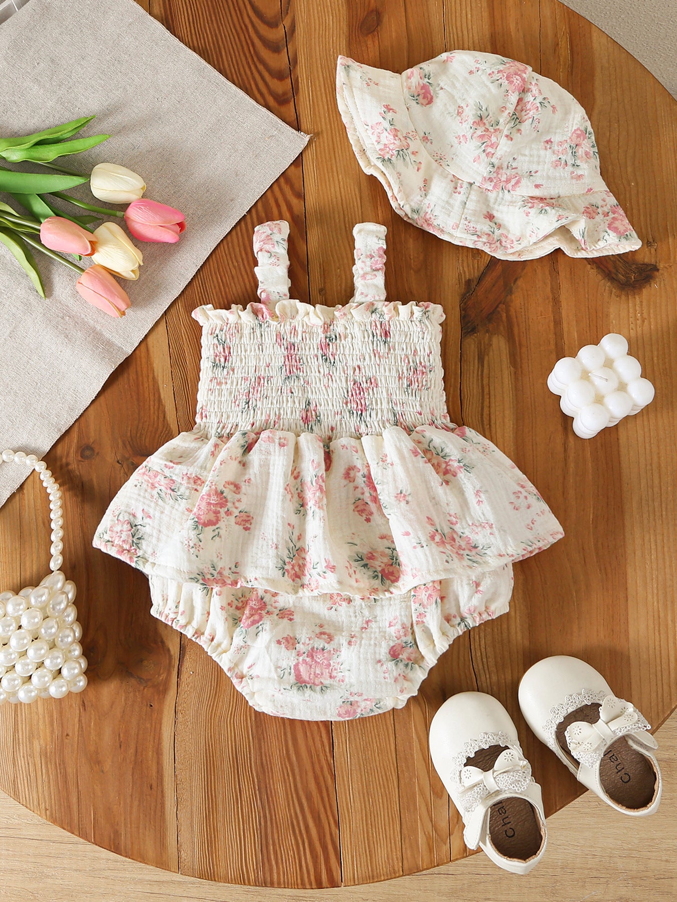 Design Summer Baby Kids Girls Sleeveless Flowers Pattern Bodysuit with Hat