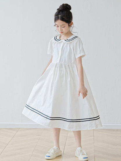 Summer Arrival Short Sleeves Navy Collar Preppy Dress for Stylish Girls