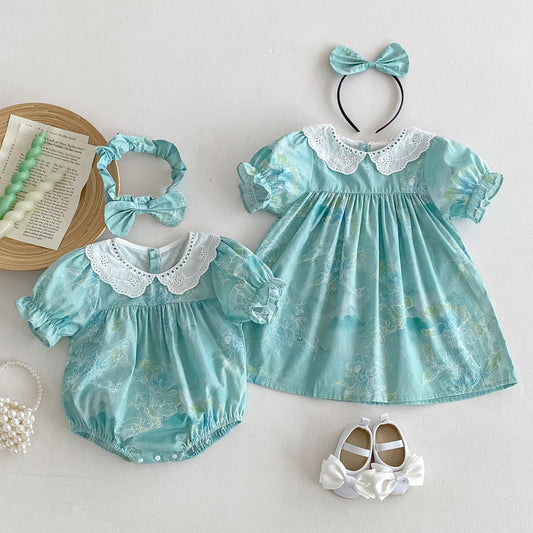 Design Summer Girls Flowers Pattern Short Sleeves Hollow Out Collar Onesies And Dress – Sister Matching Clothing Set, MyKids-USA®, Baby & Toddler Outfits, MyKids-USA -  -  -  -  -  -  - 