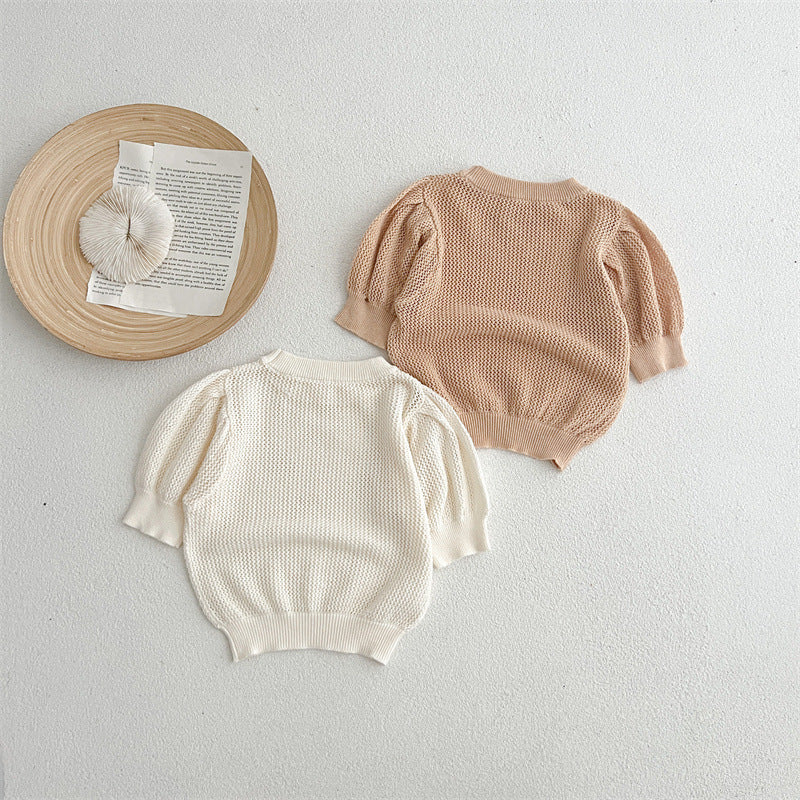 Baby Girl Solid Color Puff Sleeves Simple Style Tees