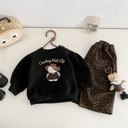 Spring and Autumn Baby Kids Girls Long Sleeves Cartoon Pattern Pullover and Leopard Pattern Pants 2-piece Clothing Set