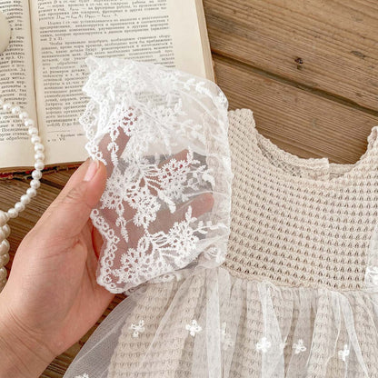 Summer Baby Waffle Pattern Lace Mesh Princess Onesie Dress For Girls