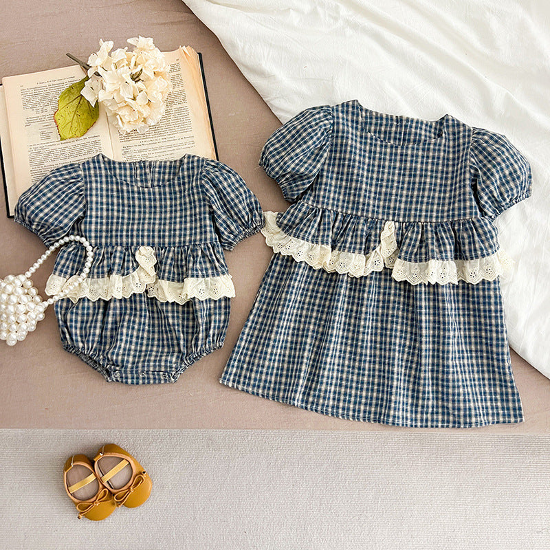 New Design Summer Baby Kids Girls Plaid Short Sleeves Crew Neck Onesies And Girls’ Dress – Princess Sister Matching Set