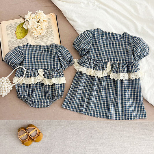 Design Summer Baby Kids Girls Plaid Short Sleeves Crew Neck Onesies And Girls’ Dress – Princess Sister Matching Set, MyKids-USA®, Baby & Toddler Outfits, MyKids-USA -  -  -  -  -  -  - 