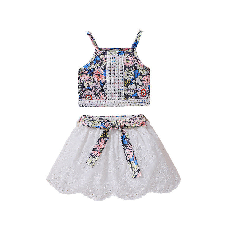 Summer Baby Kids Girls Sleeveless Floral Pattern Vest and White Skirt Set