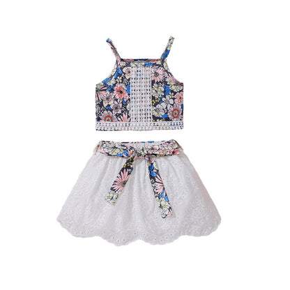 Summer Baby Kids Girls Sleeveless Floral Pattern Vest and White Skirt Set