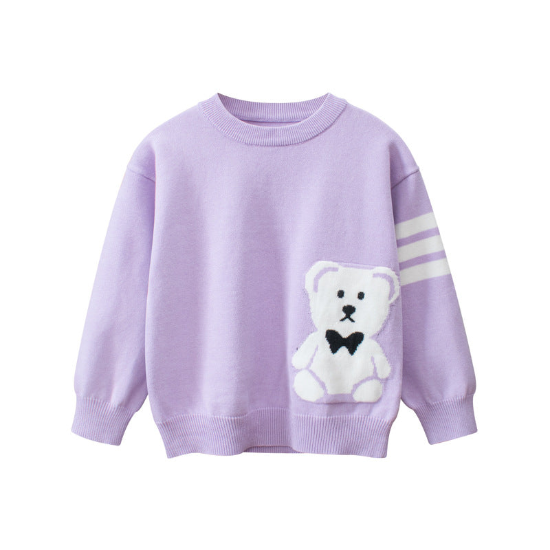 Baby Boys And Girls Kids Cute Teddy Bear Cartoon Long Striped Sleeve Knitwear Pullover