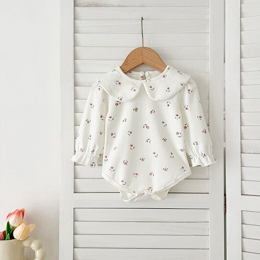 SpringArrival Baby Girls Long Sleeves Dots/Floral Pattern Peter Pan Collar White Onesies, MyKids-USA®, Baby One-Pieces, MyKids-USA -  -  -  -  -  -  - 