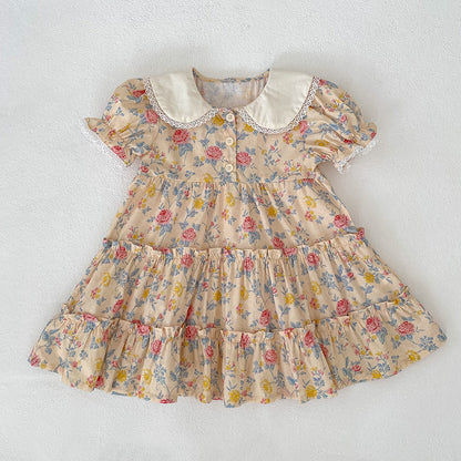 Summer Girls Floral Pattern Lace Trim Collar Onesies and Dress – Princess Sister Matching Set, MyKids-USA®, Baby & Children's Outfits, MyKids-USA - Size/Age - 66 (3-6M) - Color - Yellow -  -  - TR2604052351-B.