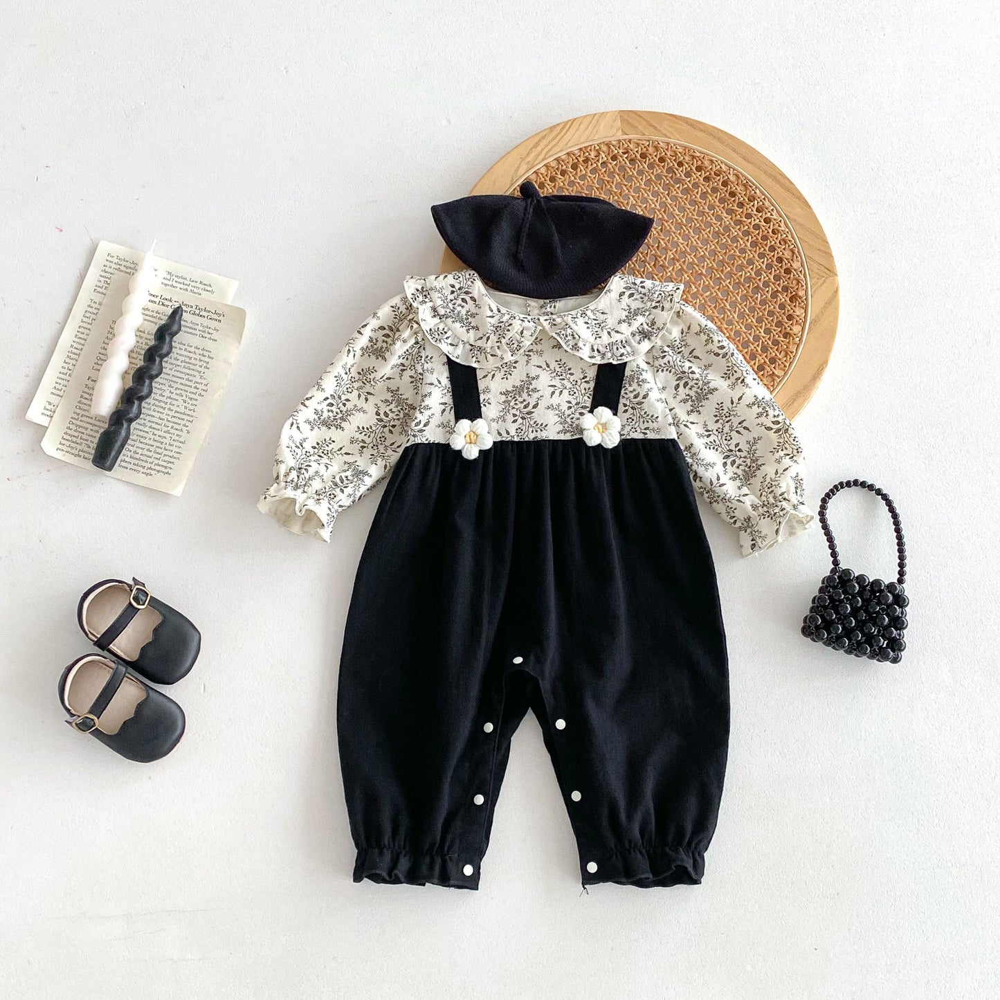 Autumn Arrival Baby Kids Girls Flowers Pattern Long Sleeves Top and Black Overalls Strap Onesies Patchwork Casual Outfits Clothing, MyKids-USA®, Baby One-Pieces, MyKids-USA - Size/Age - 66 (3-6M) - Color - Beige -  -  - TR2410061156-A