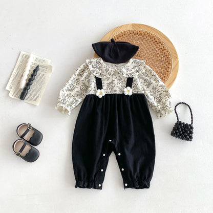 Autumn Arrival Baby Kids Girls Flowers Pattern Long Sleeves Top and Black Overalls Strap Onesies Patchwork Casual Outfits Clothing, MyKids-USA®, Baby One-Pieces, MyKids-USA - Size/Age - 66 (3-6M) - Color - Beige -  -  - TR2410061156-A
