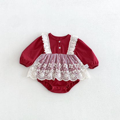 MyKids-USA® Autumn Arrival Baby Girls Long Sleeves Lace Trim Color Patchwork Bodysuit