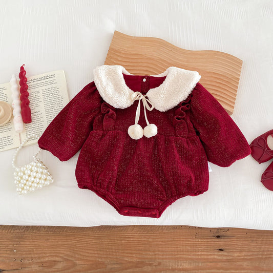 New Arrival Baby Girls Solid Color Long Sleeves Red Ruffle Thick Princess Onesie
