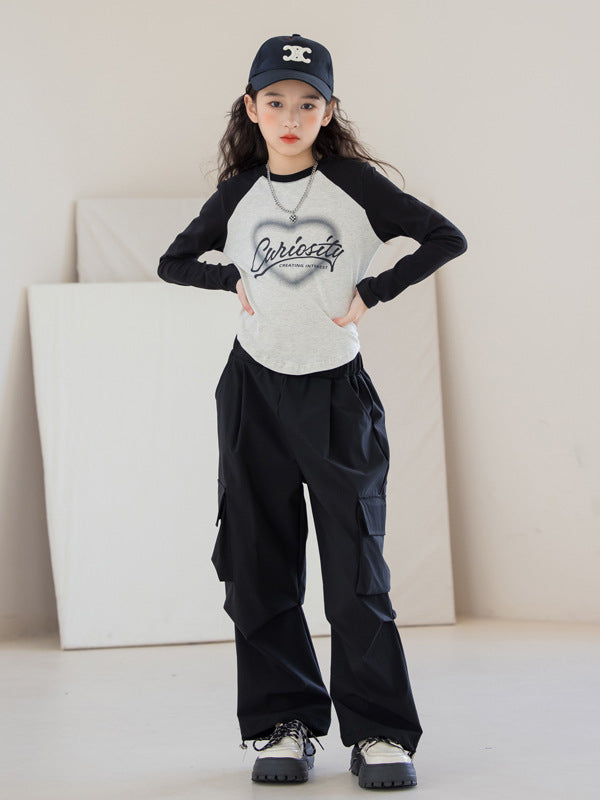 Arrival Autumn Kids Girls Long Sleeves Letters Pattern Top and Black Loose Pants Sets