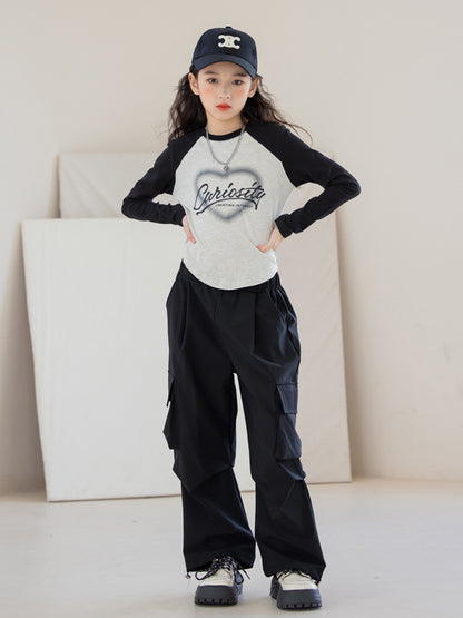 Arrival Autumn Kids Girls Long Sleeves Letters Pattern Top and Black Loose Pants Sets