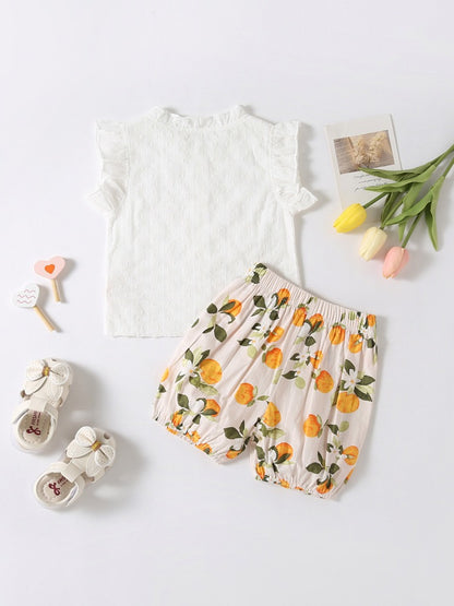 Summer Baby Kids Girls Solid Color Striped Pattern Fly Sleeves Top Shirt And Fruits Pattern Shorts Casual Clothing Set