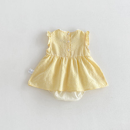 Design Summer Baby Kids Girls Fly Sleeves Plaid and Cartoon Pattern Bodysuit Dress