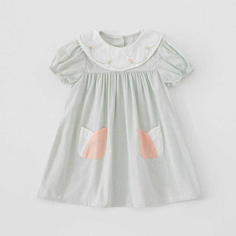 Summer Kids Girls Casual Style Floral Embroidered Collar Short Sleeves Dress, MyKids-USA®, Baby & Toddler Dresses, MyKids-USA - Size/Age - 90 (12-24M) - Color - Green -  -  - TR2404011754-A