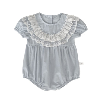 Summer Arrival Baby Girls Short Sleeves Lace Trim Crew Neck Bodysuit, MyKids-USA®, Bodysuits, MyKids-USA - Size/Age - 66 (3-6M) - Color - Blue -  -  - TR2604212239-A.