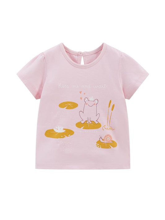 Cute Knit Round Neck Animals On Lotus Leaves Printing Girls’ T-Shirt In European And American Style For Summer