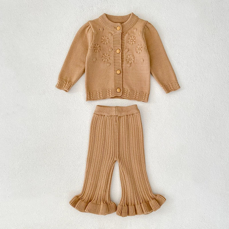 Arrival Autumn Baby Girls Long Sleeves Solid Color Flowers Jacquard Pattern Knitted Top Cardigan and Long Trousers Clothing Set, MyKids-USA®, Baby & Toddler Outfits, MyKids-USA - Size/Age - 66 (3-6M) - Color - Khaki -  -  - TR2507142129-B