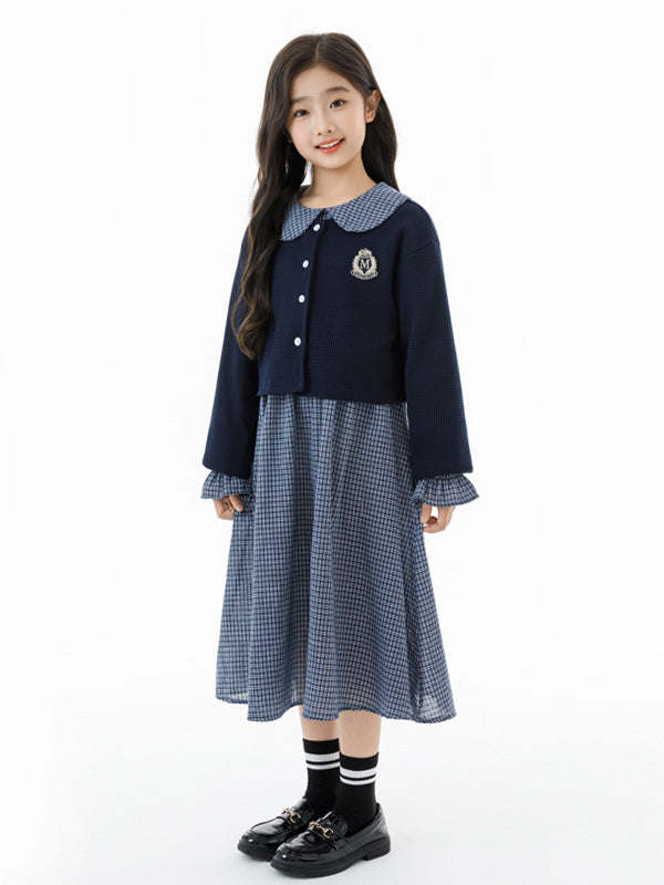 Arrival Autumn Kids Girls Long Sleeves Houndstooth Dress and Preppy Coat Clothing Set
