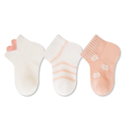 Summer and Spring Baby Kids Boys and Girls Breathable Cute Flowers and Striped Pattern Socks 3-Pair Set, MyKids-USA®, Baby & Toddler Socks & Tights, MyKids-USA - Size/Age - XS (0-6M) - Color - Pink -  -  - TR2604272256-C.
