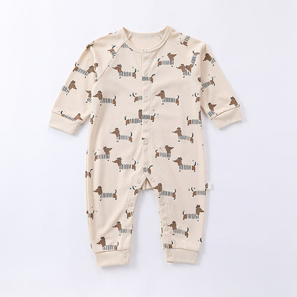 Spring Moon/Dogs Print Crew Neck Single Breasted Comfy Rompers