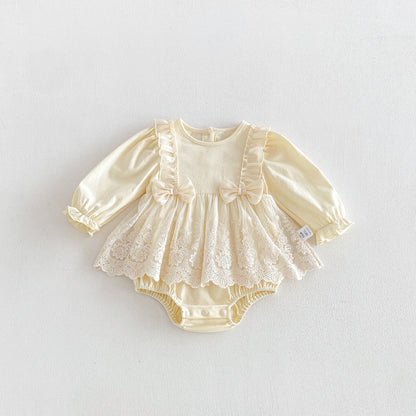 MyKids-USA® Autumn Arrival Baby Girls Long Sleeves Lace Trim Embroidered Pattern Bodysuit Dress