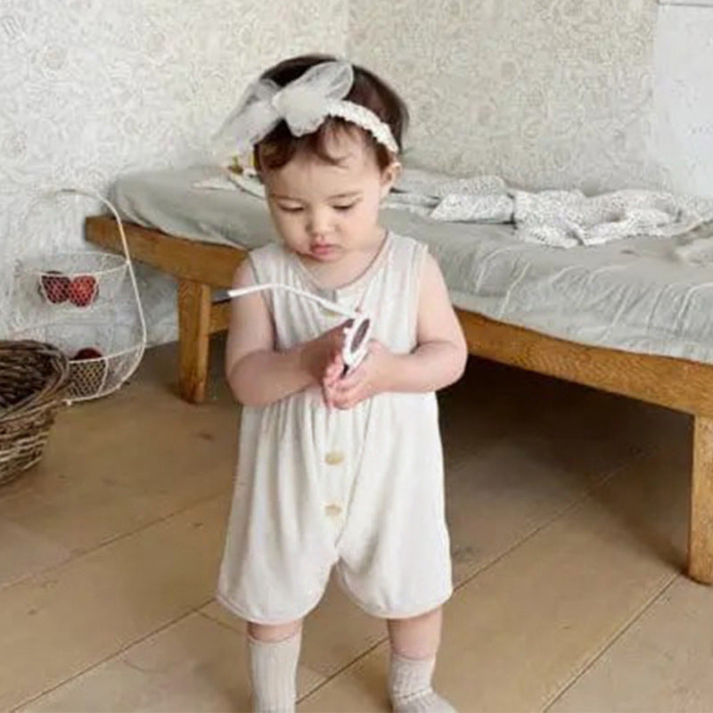 Summer Arrival Baby Unisex Simple Color Patchwork Sleeveless Single Breasted Rompers, MyKids-USA®, Baby One-Pieces, MyKids-USA -  -  -  -  -  -  - 