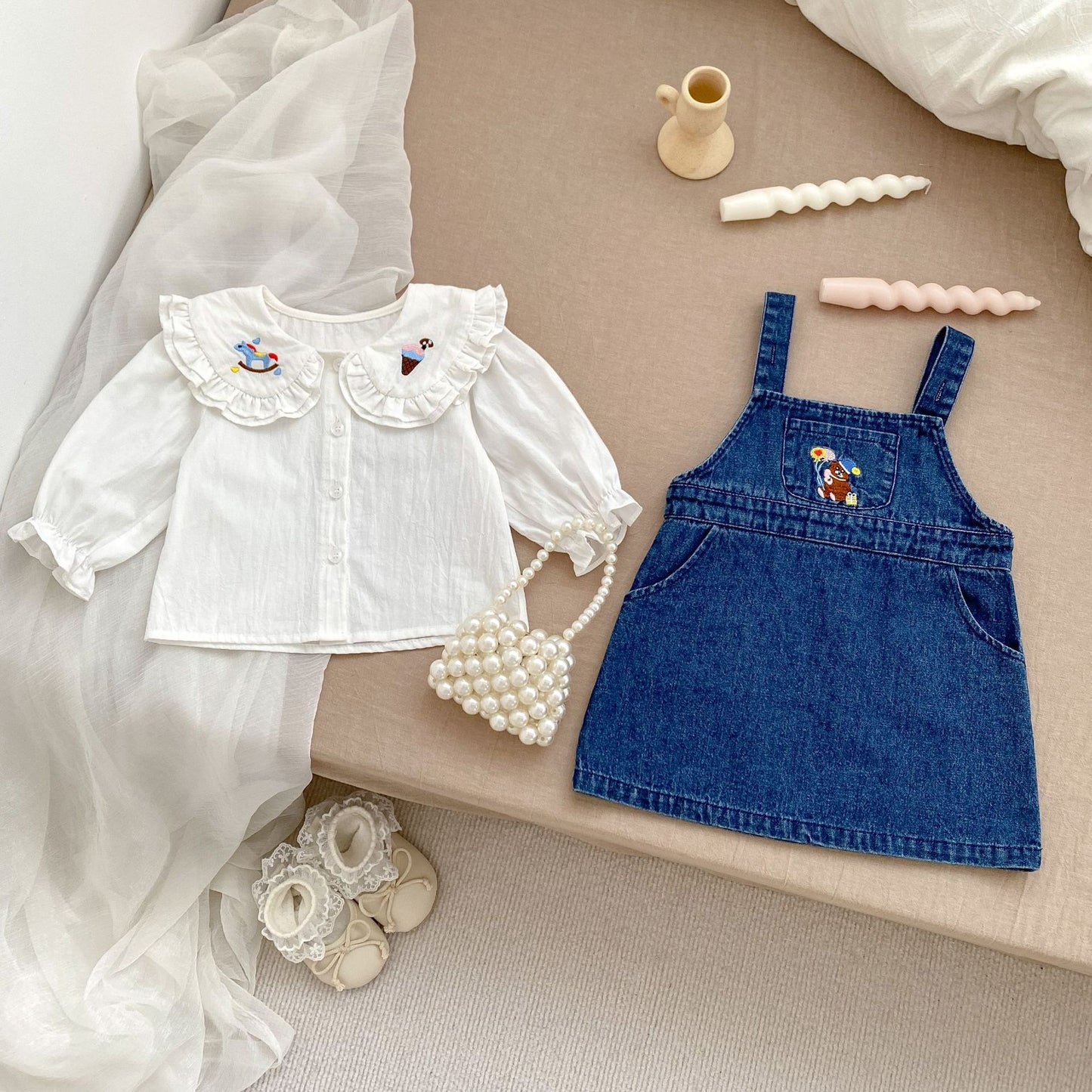 Arrival Autumn Baby Girls Cartoon Embroidery Pattern Long Sleeves Top and Denim Strap Dress Clothing Set, MyKids-USA®, Baby & Toddler Dresses, MyKids-USA -  -  -  -  -  -  - 