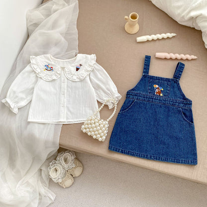 Arrival Autumn Baby Girls Cartoon Embroidery Pattern Long Sleeves Top and Denim Strap Dress Clothing Set, MyKids-USA®, Baby & Toddler Dresses, MyKids-USA -  -  -  -  -  -  - 