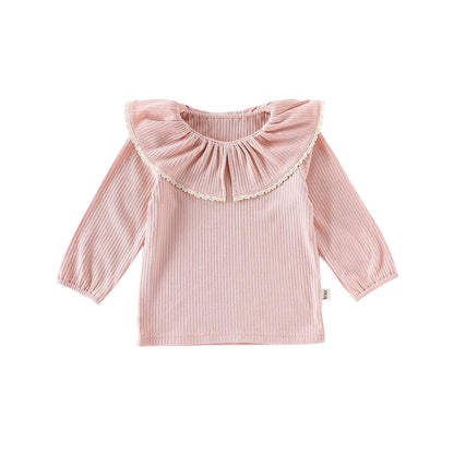 Autumn Arrival Baby Girls Solid Color Lace Trim Collar Long Sleeves Top, MyKids-USA®, Shirts, MyKids-USA - Size/Age - 73 (6-9M) - Color - Pink -  -  - TR2509182244-B