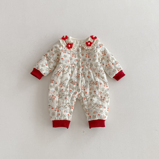 Winter Arrival Baby Girls Long Sleeves Floral Pattern Fleece-lined Warm Rompers, MyKids-USA®, Baby One-Pieces, MyKids-USA - Size/Age - 66 (3-6M) - Color - Beige -  -  - TR2511142322-A