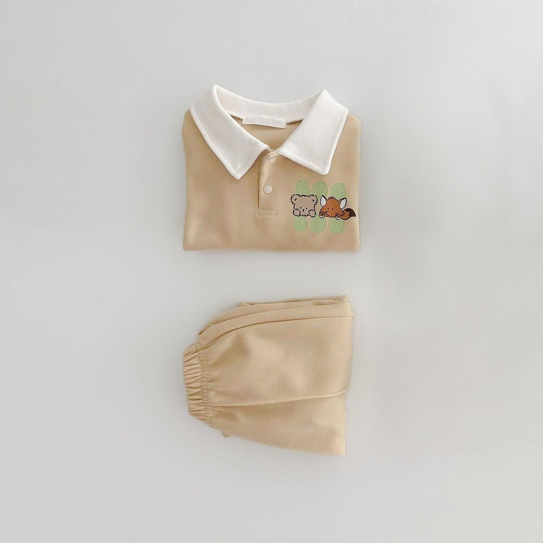 MyKids-USA® Autumn Baby Unisex Long Sleeves Cartoon Polo Sweatshirt and Plain Pants Clothing Set