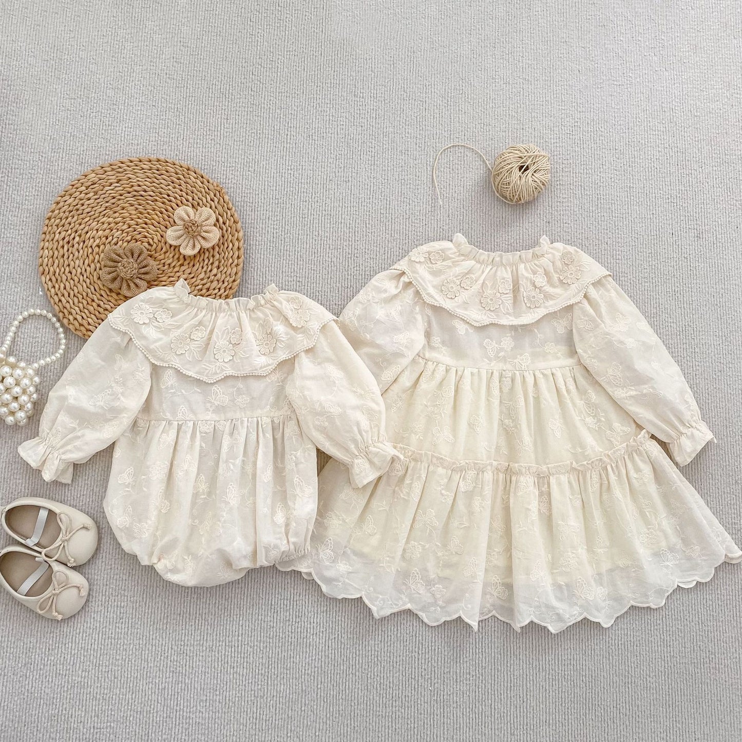 Autumn Baby Girls Flowers Pattern Long-sleeved Peter Pan Collar Onesies and Dress – Princess Sister Matching Set