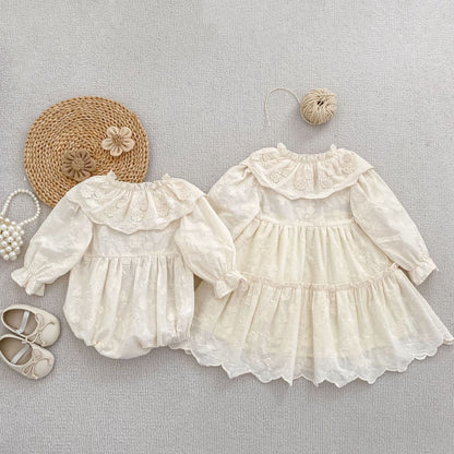 Autumn Baby Girls Flowers Pattern Long-sleeved Peter Pan Collar Onesies and Dress – Princess Sister Matching Set