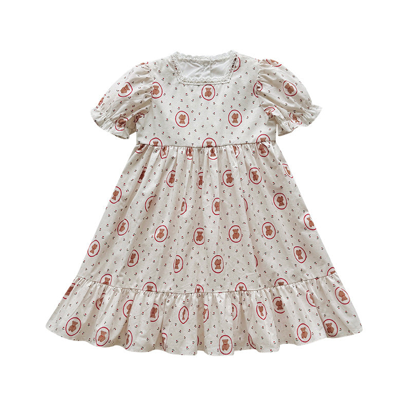 Summer Arrival Baby Girls Short Sleeves Teddy Bear Pattern Floral Dress, MyKids-USA®, Baby & Children's Dresses, MyKids-USA -  -  -  -  -  -  - .